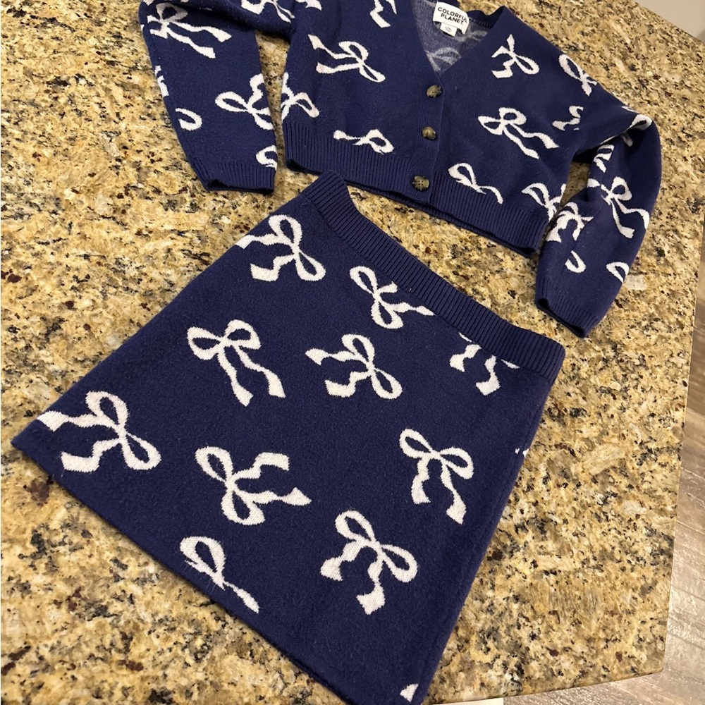 Blue and White Bow Patterned Cardigan and Skirt Set